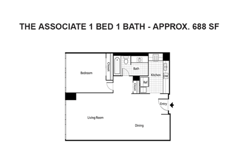 Floor plan for 1 bed, 1 bath, 714 sqft